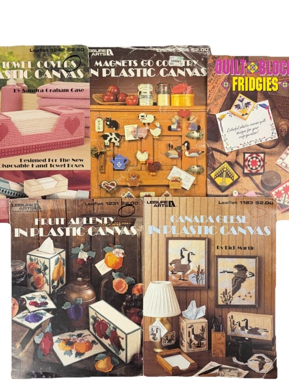 Leisure Arts Plastic Canvas Leaflet Lot Geese Fruit Magnets Quilt Tissue Cover